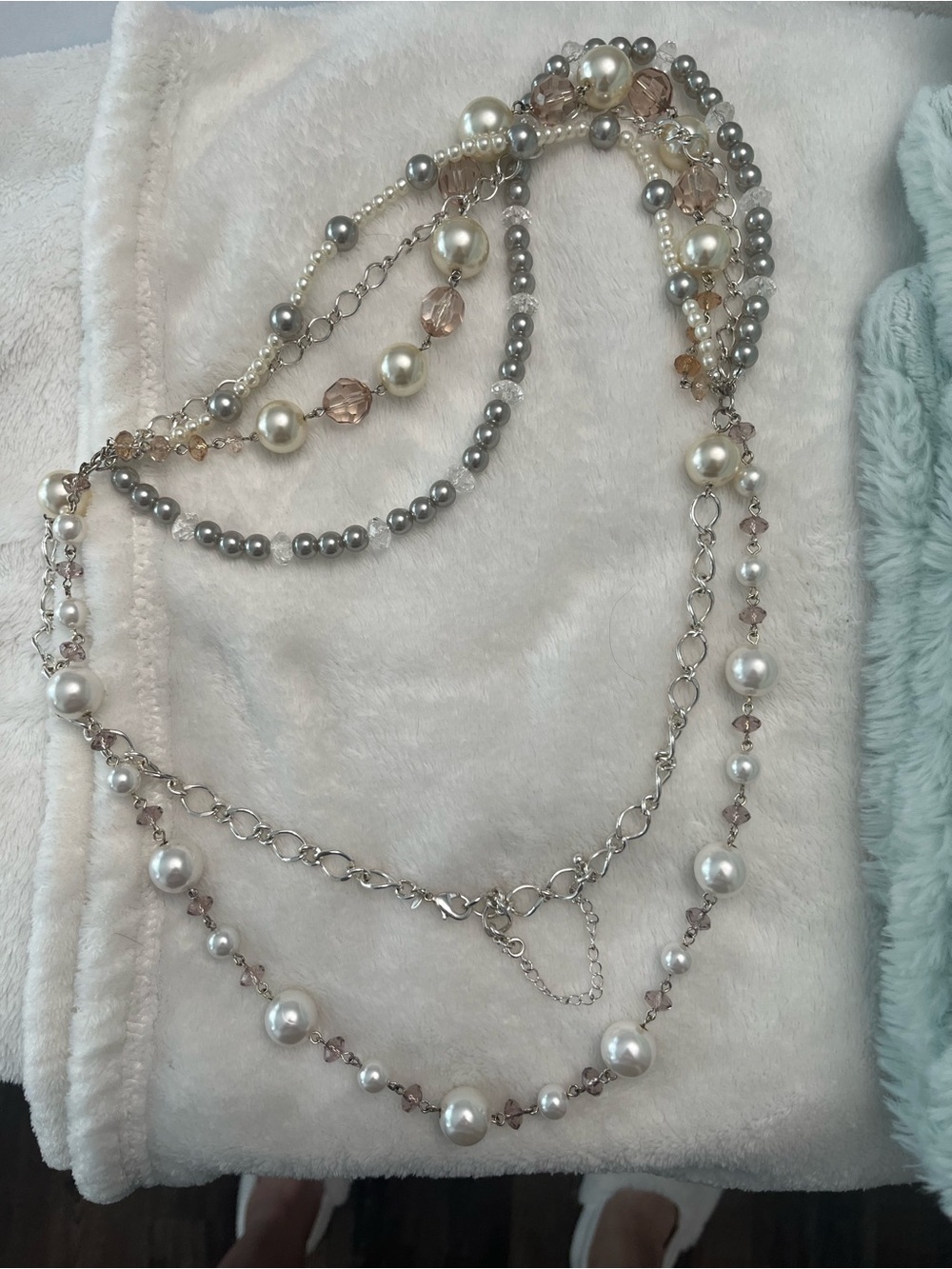Layered Pearl and Crystal Multi-Strand Necklace - Silver & Cream - Picture 2 of 5